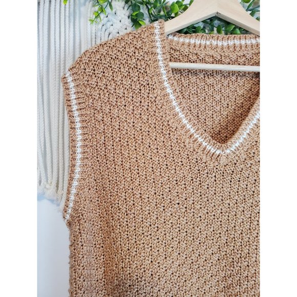 Neutral Camel Oversized Sleeveless V Neck Relaxed Knit Sweater Vest - Picture 3 of 5
